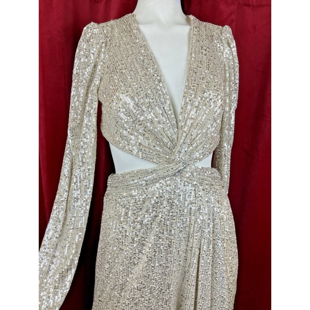 Nwt Mac Duggal Ieena 6 Sequin Cutout Dress Gown Silver High Slit 26730